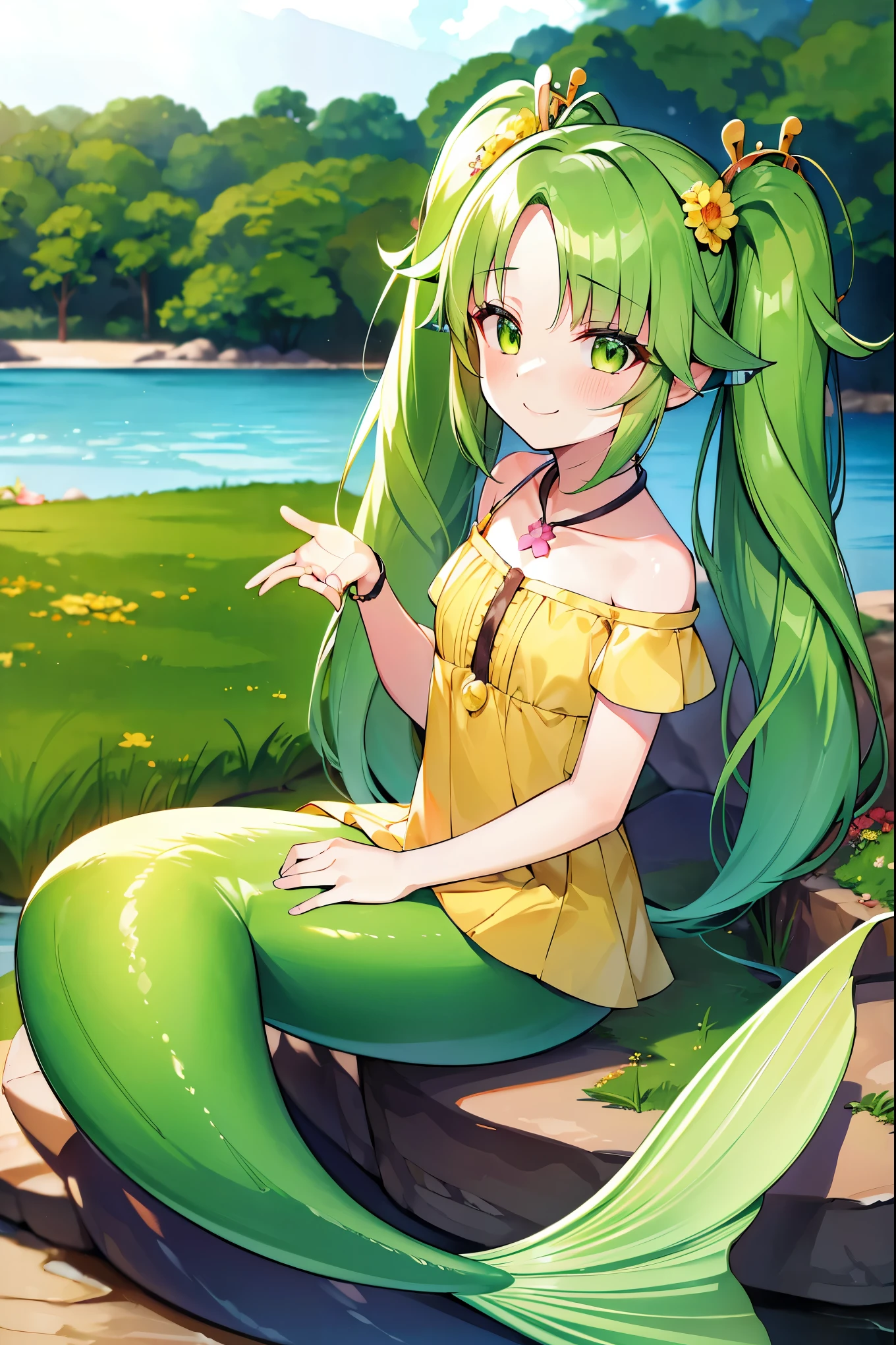 (masterpiece, best quality ),(Full five fingers), a girl ,traptrixsera,twintails,(Middle-parted bangs:1.5),Hair accessories,Green Hair, yellow dress ,Green Eyes, beautiful detailed eyes , fine details, Detailed Facial , Vivid colors , unique ,Mermaid,绿色的Mermaid尾巴,Full body photo,charming face(Kawaii, charming,Soft),forest,Sitting on the rock,Smile,