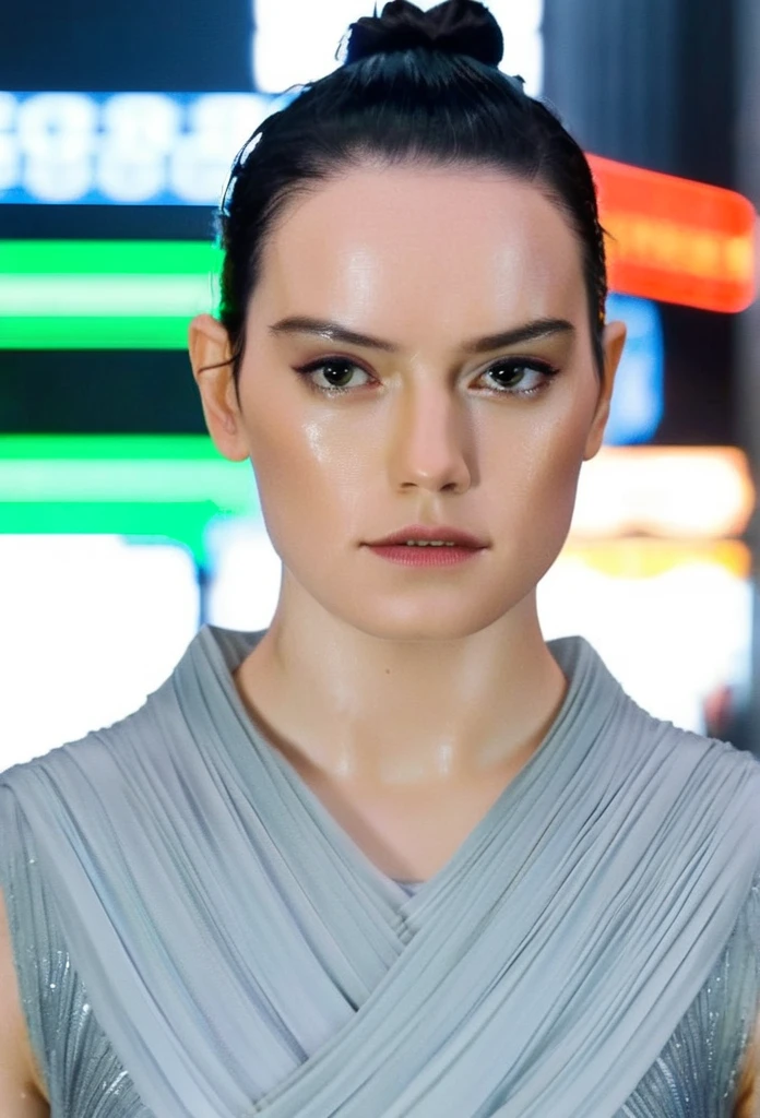 create a consistent Trinity-style character from the film Matrix with the face of actress Daisy Ridley, in Night city Rain 