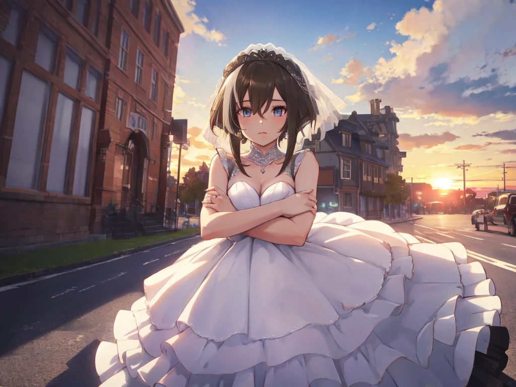 Key Visual, Solo, Single Female, (Human Ear, Earring), (Crossed Arms), (Anime Face), (Hair Accessory), (((Black See-Through Wedding Dress))), (Sunset Sky, Sunset), Evening Sky), (Focus on Chest, Diagonal Upward Angle), (High Resolution, Masterpiece, Accurate, Anatomically Correct, Multiple Award Winning, Top Quality, Detailed, High Quality Model, High Quality, Retina, Highly Detailed), Textured Skin, Ultra High Resolution)