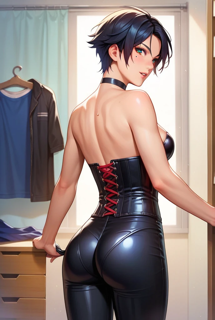 College boy, handsome boy, short black messy boy hair, orange eyes, black binder top, black mirco shorts, light smile, black shorts, muscular, ass, bent over, large thick ass, thick thighs looking back, looking at viewer, embarrassed, coffee shop, male character (1.0), flat chested, guy, boy, male character, not a girl, masculine face