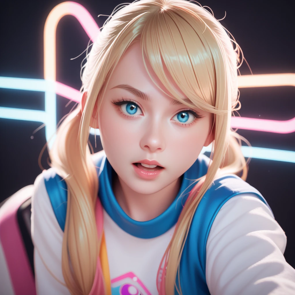 score_9_up, score_8_up, score_7_up, score_6_up, 1girl, samus aran, pastel colors, open mouth, long hair, twintails, looking at viewer, blue eyes, pastel neon lighting, source_anime,