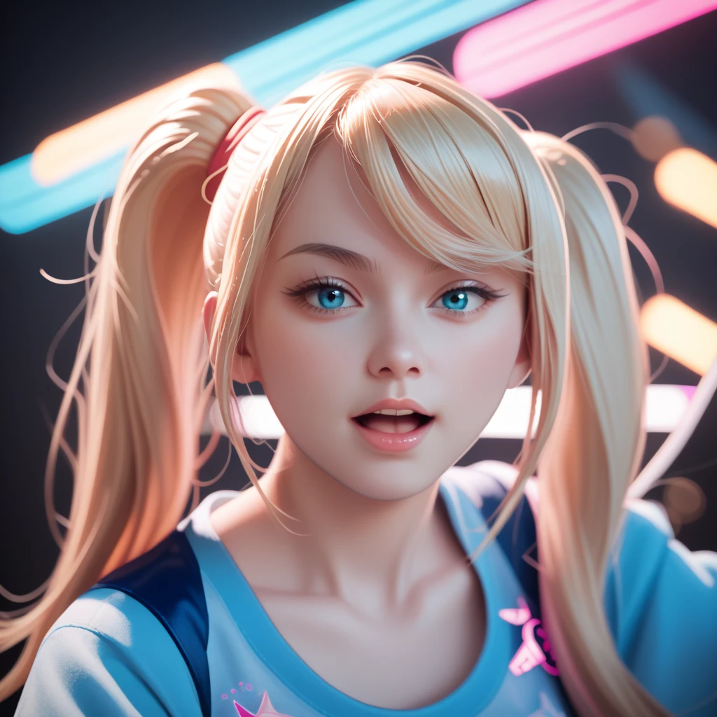 score_9_up, score_8_up, score_7_up, score_6_up, 1girl, samus aran, pastel colors, open mouth, long hair, twintails, looking at viewer, blue eyes, pastel neon lighting, source_anime,