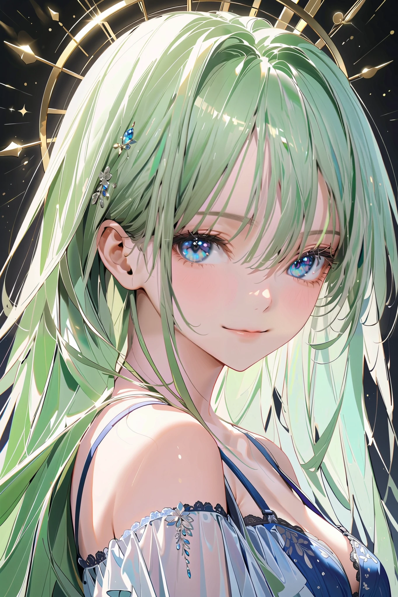 (nsfw;1.4),(masterpiece,,extremely detailed,8k,amazing quality,great quality,very aesthetic,looking at viewer;1.4),1 girl,solo,(light green hair,long hair,blue eyes,light smile;1.2),(blue bra,;1.2),(upper body,,1.2),(perfect anatomy;1.4),intricate detailed,intricate detailed eyes,intricate shiny hair line,shiny clothes,best quality, amazing quality,very aesthetic}}},dynamic lighting, best quality, amazing quality,very aesthetic,