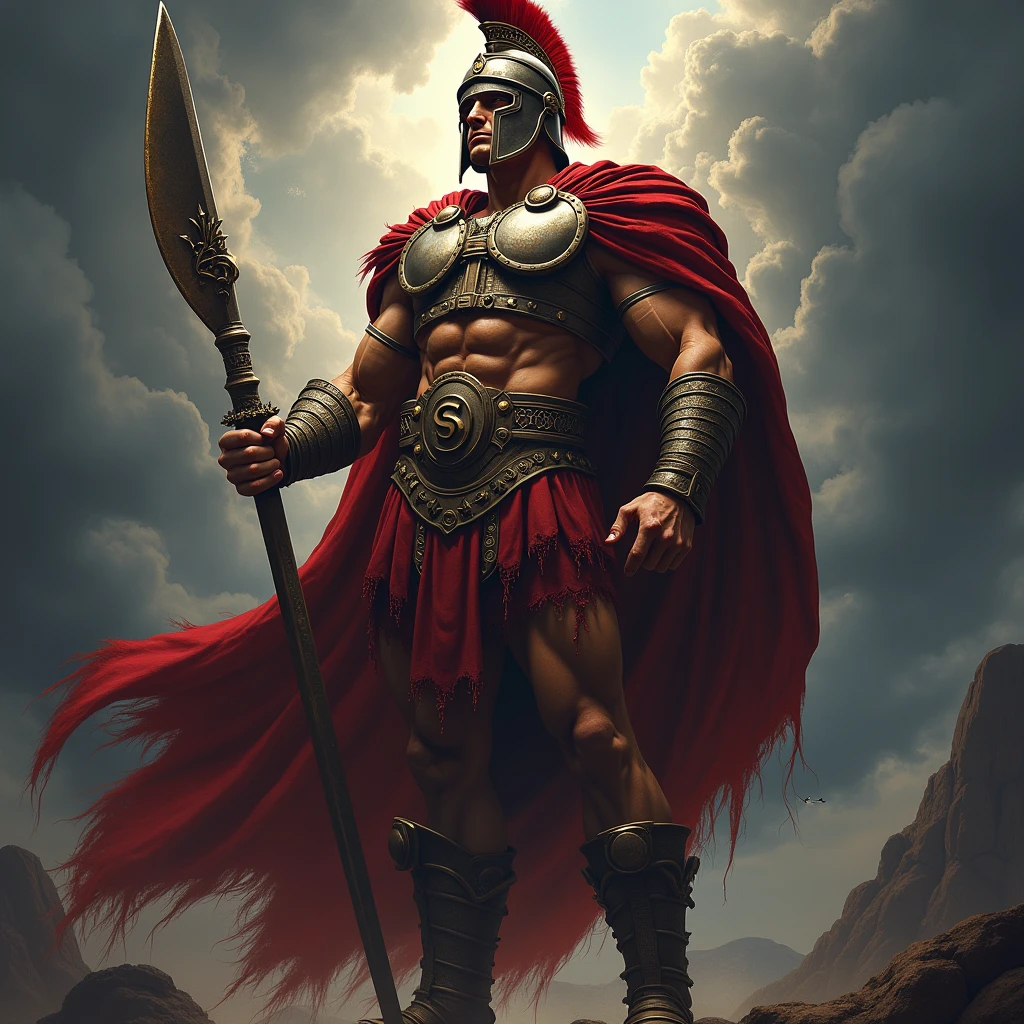 Spartan on the battlefield, holding a skull and spearing a dead jackal, estilo logo