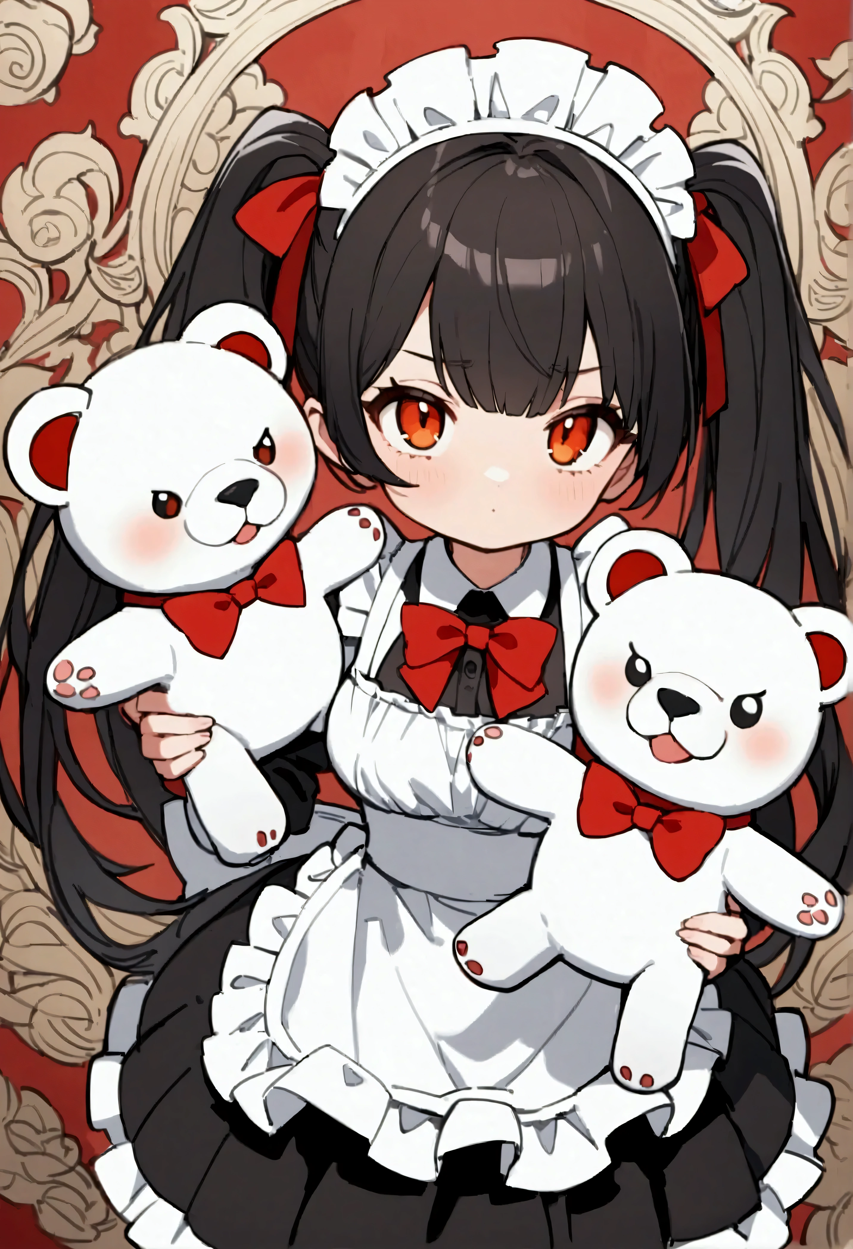 A two-headed q version girl ,, black hair , amber eyes,Red bow tie ,Wearing maid outfit, holding a gentle polar bear puppet,twintails