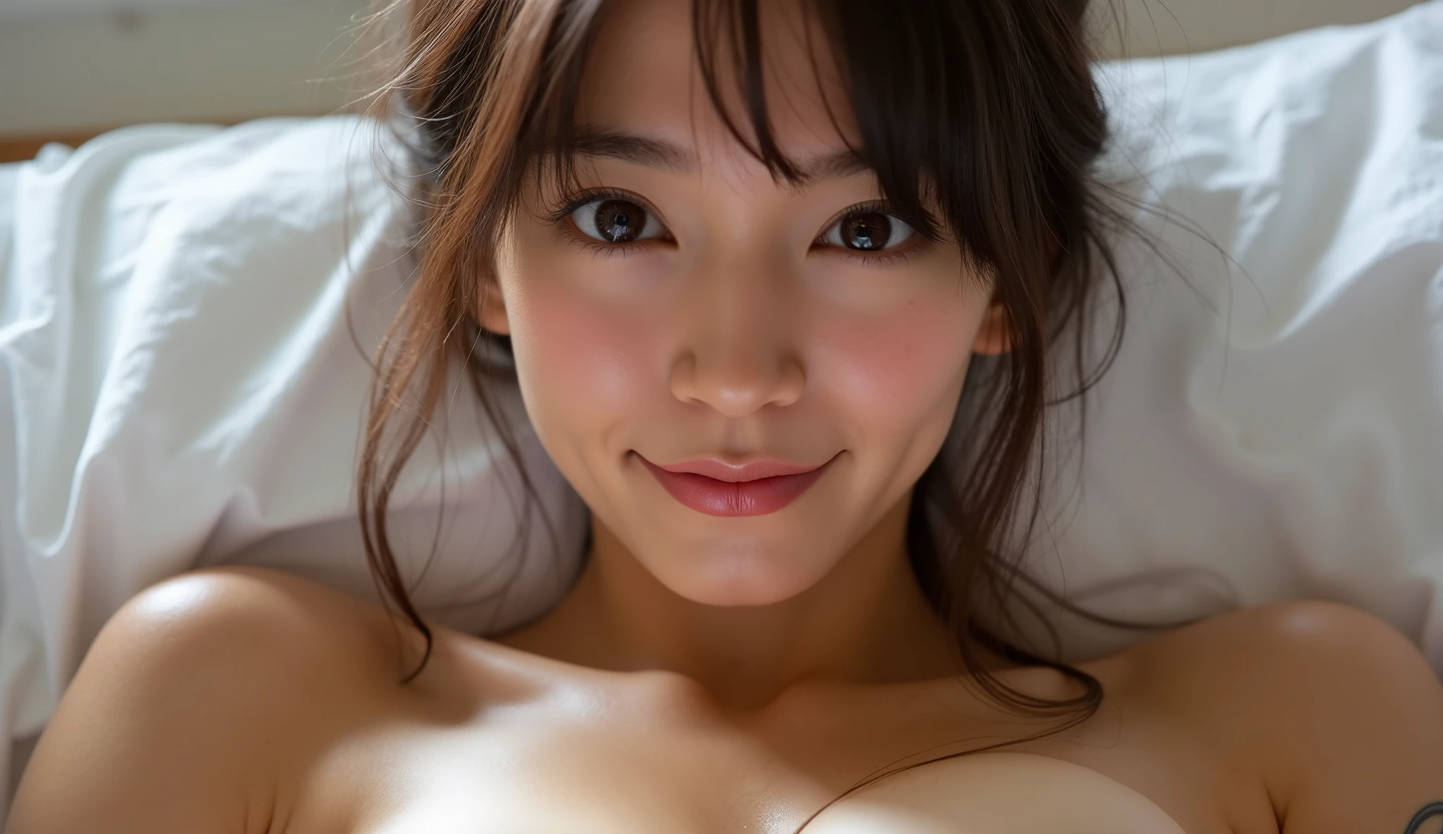 RAW Photos, Highest quality, Realistic, Very delicate and beautiful, Very detailed, 8k wallpaper, High resolution, Very detailedな目と顔, Beautiful and sophisticated nose, Beautiful Eyes, even eyes, Perfect Anatomy, periorbital puffiness, Beauty, Shapely round breasts, Straight hair, (Happy smiling face:1.3), embarrassed, Asymmetrical bangs, Dark brown hair, (Put her hair in a bun:1.3), Short Bob Hair, (firm and youthful breasts), (H cup breasts:1.3), Cleavage, Translucent white skin, (Completely naked),  (nsfw, female masturbation:1.5), (left hand breast grab:1.3), (right hand crotch grab:1.3), (from_above:1.2), Bright room in the hotel, Sleeping face up on the bed, 
