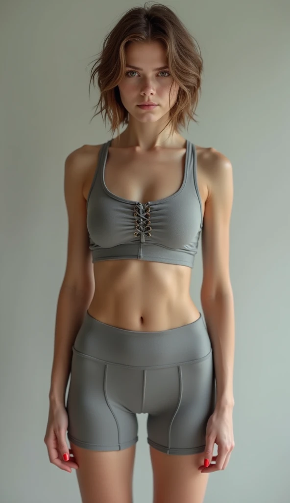 (Emma Myers:1.5, teen, 16 years old, short messy hair), small girl, , sexy legs, gap between legs, black sports bra, small white cycling shorts, gap between legs, camel toe, standing against a wooden wall,(( scared:1.2,serious face)) sweaty, old cabin,