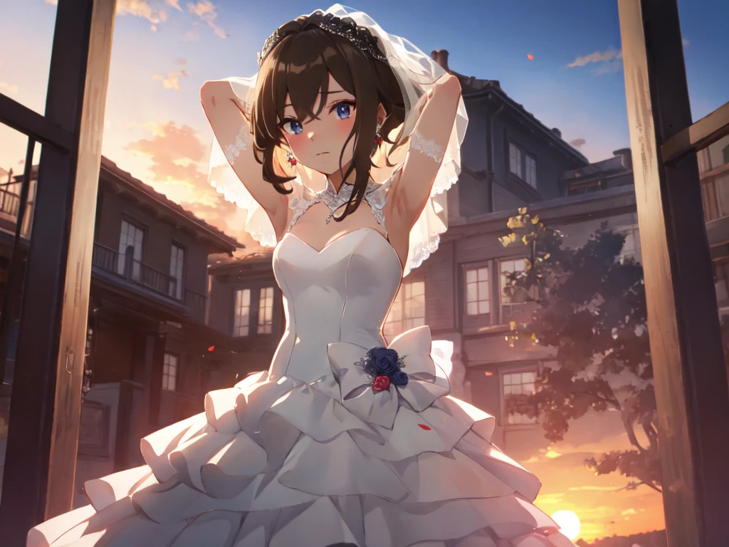 Key Visual, Solo, Single Female, (Human Ear, Earring), (Arms Behind Head), (Anime Face), (Hair Accessory), (((Black See-Through Wedding Dress))), (Sunset Sky, Sunset), Evening Sky), (Focus on Chest, Oblique Upward Angle), (High Resolution, Masterpiece, Accurate, Anatomically Correct, Multiple Award Winning, Top Quality, Detailed, High Quality Model, High Quality, Retina, Highly Detailed), Textured Skin, Ultra High Resolution)