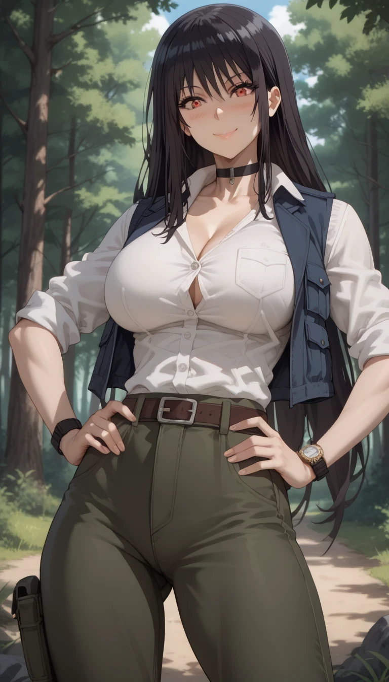 Source anime, Tall girl, Fit girl,score_9, score_8_up, score_7_up, score_6_up, uncensored, claire kagenou, long hair, black hair, red eyes, huge breast,thighs,  1girl, solo, choker, shirt, Vests, cargo pants, oversized pants, cargo vents, watches, open clothes, Forest, smile, hand on hip, blush, 