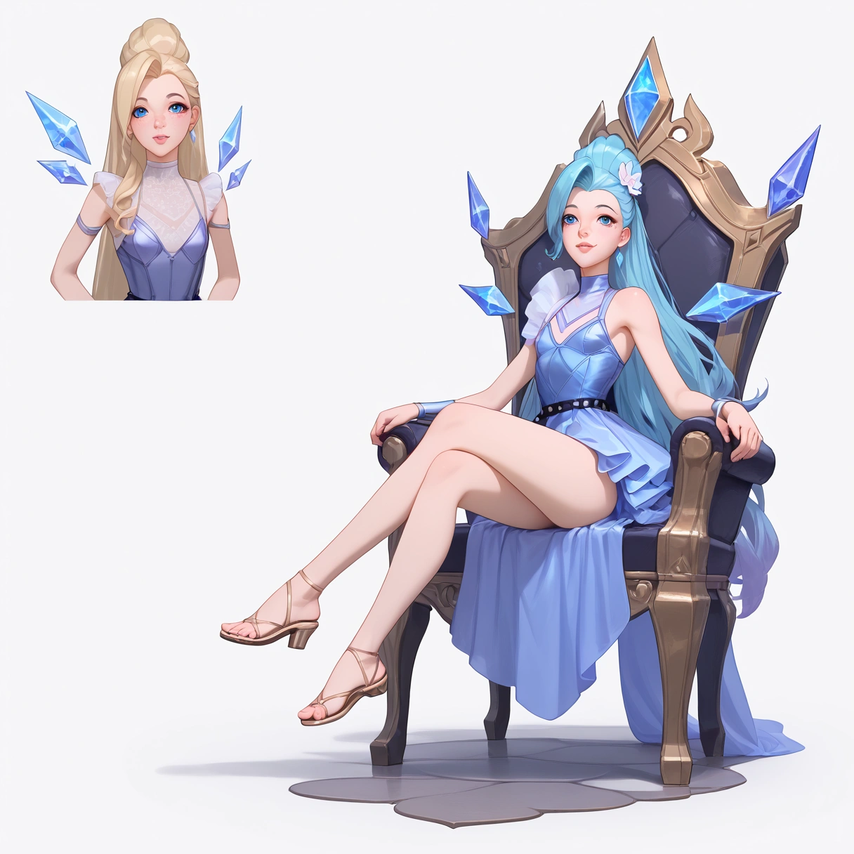 ((full body photo, standing, feet on the ground)) KDA All Out Seraphine .League of Legends., masterpiece, best quality, (sitting on throne, legs crossed, showing feet, profile photo), highly detailed, score_9, score_8_up, score_7_up, score_6_up, anime font ,BREAK, 2girl, solo, long hair, blue eyes, flower, small breasts, bow, looking at viewer, freckles, parted lips, smile, full body, lips red, lips, leather ballet shoes, side photo, she looks at you, fishnets, white background, neutral cast
