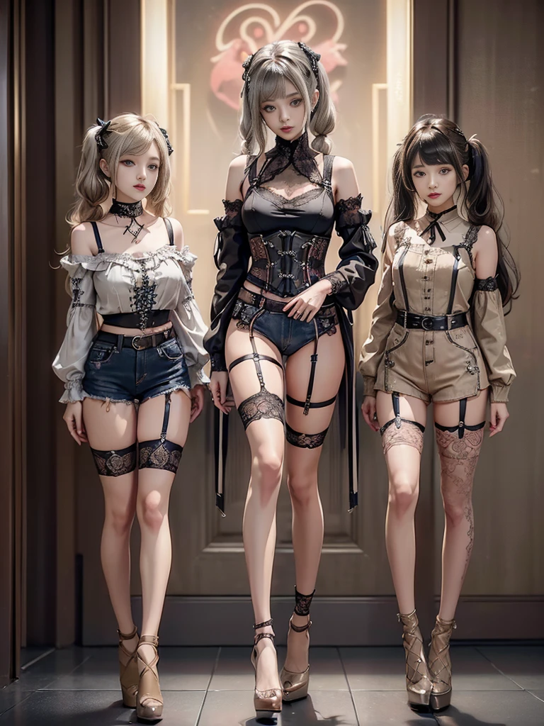 (Three Beauties, 3 girls :1.5)、( full body view:1.2)、( show your teeth and laugh:1.3),(Shibuya Gal:1.5)、( dark fantasy world :1.4)、(Neo-Goth Fashion:1.5)、( Punk Rock Visual :1.3)、( futuristic brown and beige and pink bodysuits:1.5)、(Delicate denim and beige blouse:1.5)、(Gorgeous decorated corset:1.4)、( red garter belt:1.5)、(Denim and pink cargo pants:1.3)、(Heart-shaped silver accessories:1.5)、(Brown Skin Belt:1.4)、(Blue High Heels:1.4)、( lace underwear :1.4)、20 years old、 browsing in an autumn valley be careful ,(( best quality、In 8K、masterpiece:1.3))、 sharp focus:1.2、( layered cut 、 huge breasts:1.1), beautiful woman with perfect figure:1.4、(Dance vigorously:1.3)、 slim abs:1.2、Butt、 highly detailed face and skin texture 、fine grain、 double eyelids,( twin tails:1.3)、(Brownish golden hair:1.3)、Obscene、idol carving、(The background is a beautiful hotel toilet :1.3)、(The three of them are posing together~1.5)、(Slimming your legs:1.4)、( slim body :1.3)、(clavicle:1.1)