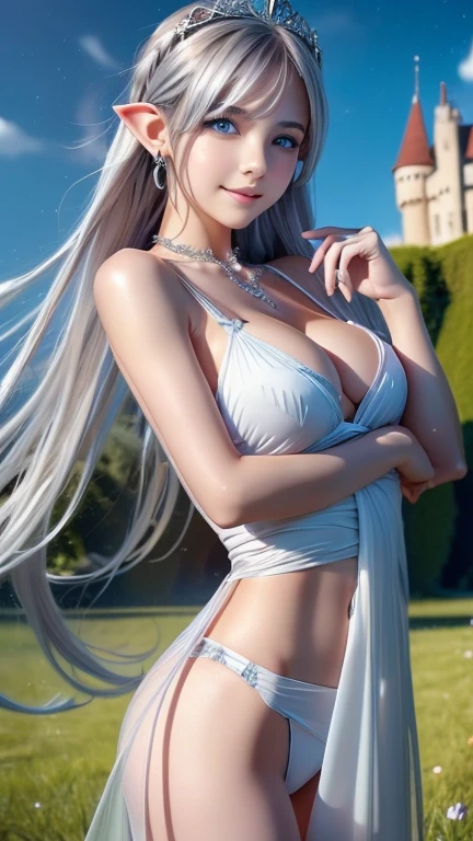 High Resolution, 8K Ultra HD, 3D Effects, High Resolution, Detailed Descriptions, Masterpieces, Ultra-Definition Illustration,
Background blur, Depth of field
Natural light, soft lighting,
White background, (grassland, wonderland, in the grassland, with a castle, fantasy),
 (luminous bodies surround her, giving off a soft, otherworldly glow),
(fluttering hair, fluttering clothes, strong wind: 1.2)
(long waist wrap)
(White and transparent long scarf)
(Wrapped in a white and transparent cloth)
, (Tiara), (earring), (bracelet), (necklace), (thigh chain), nice hands, perfect hands, 
(The girl is 18 years old.),
(fantasy), alone girl, (beautiful elf girl), (idol), (attractive), (shining starry blue eyes), (shining hair), mysterious, (girl smiles), wink, standing, toned body, nice legs, thighs, (very slim and toned muscular body: 1.3), smile, exquisite face, (very beautiful face), (beautiful lips, beautiful blue eyes), (big breasts), (cleavage), 
delicate beautiful girl, ( girl), silver hair, (gradient color silver hair: 1.6 pale blue: 0.4), (Extra long hair), Bangs, French braids, (Beautiful long silver hair),
Beautiful face, perfect face, very detailed beautiful face and eyes, attractive face,
Shiny skin, smooth hair, shiny hair, clear skin,
(Line art: 1.5),
(Medium watercolor: 1.2), (Thin: 1.2), (Thin limbs), (Hair over one eye), (Small face), (Ribs: 0.8)