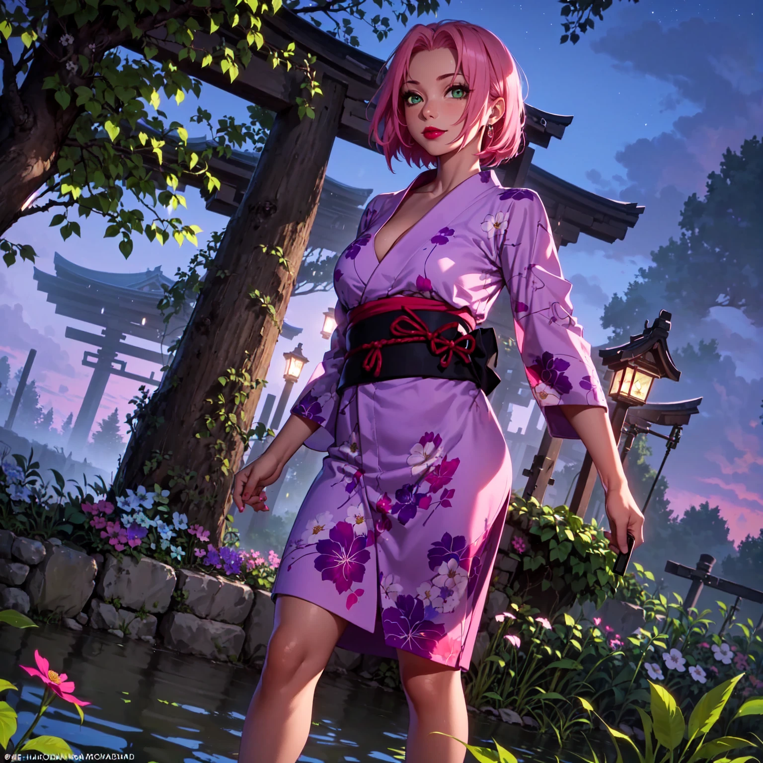 ((solo, 1woman, (harunoshipp, haruno sakura, sakura_haruno, Haruno Sakura, pink hair, short hair, green eyes, small bust), lipstick, Extremely detailed, ambient soft lighting, 4k, perfect eyes, a perfect face, perfect lighting, a 1girl)), ((solo, (1woman, lipstick), Extremely detailed, ambient soft lighting, 4k, perfect eyes, a perfect face, perfect lighting, a 1girl)), , ((fitness,, shapely body, athletic body, toned body)), ((kimono, Yukata, Japanese garden, Japanese temple, forest, torii, trees, city in the background, red lipstick, clouds, smug smile, printed kimono, jacaranda trees, flowes, neckline, cleavage, flowers, low-angle shot, low-angle framing, night, stars, lake))