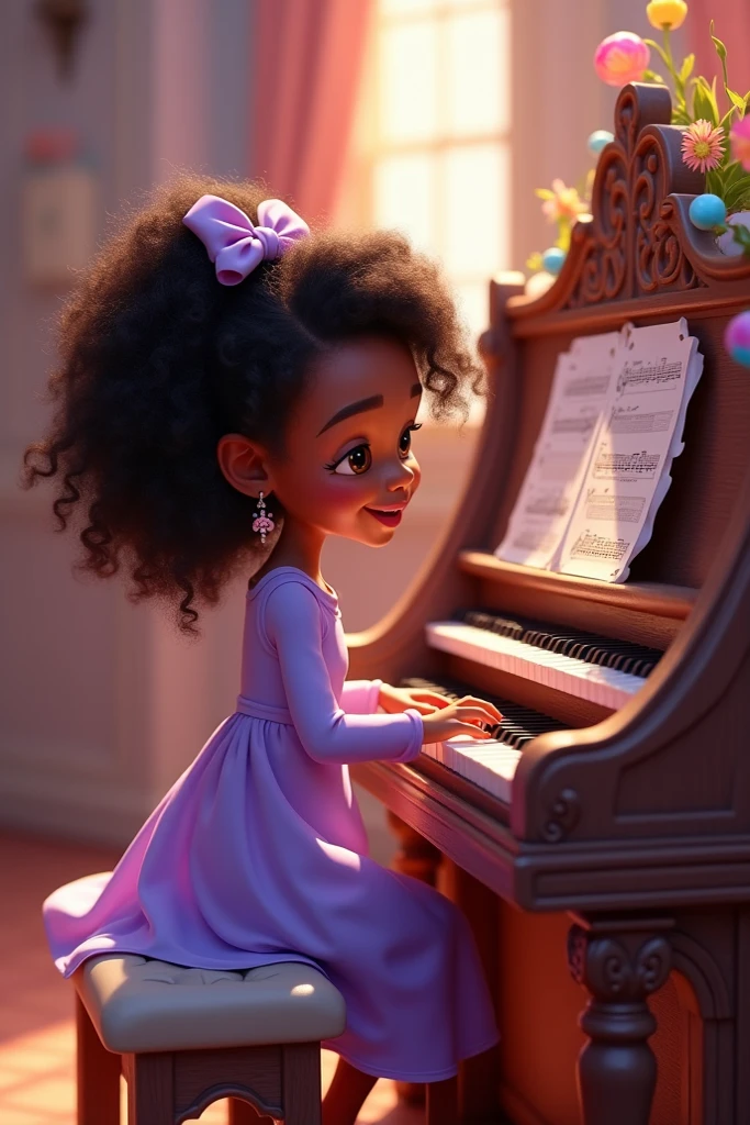 masterpiece, best quality), deep ebony 1girl, beautiful face, short Afro braids , cute, , beautify, Lofi vibe,, cute night vibe, concentrated, hands outside of the picture, Christian ,church vibe , smart clothing, cute look, clothing is dry and baggy, small breasts, teen vibe, cute smile, sat playing piano, picture seen from her back, piano