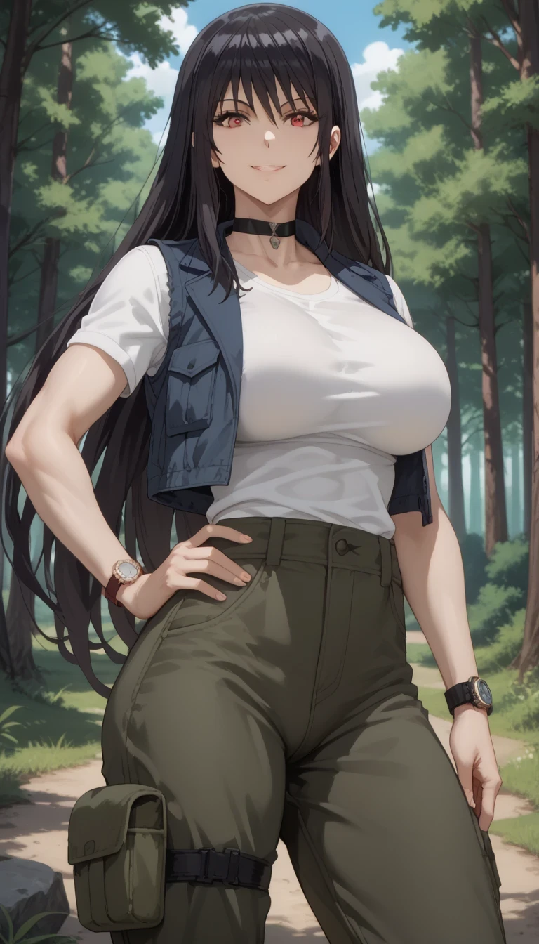 Source anime, Tall girl, Fit girl,score_9, score_8_up, score_7_up, score_6_up, uncensored, claire kagenou, long hair, black hair, red eyes, huge breast,thighs,  1girl, solo, choker, shirt, Vests, cargo pants, oversized pants, cargo vents, watches, open clothes, Forest, smile, hand on hip