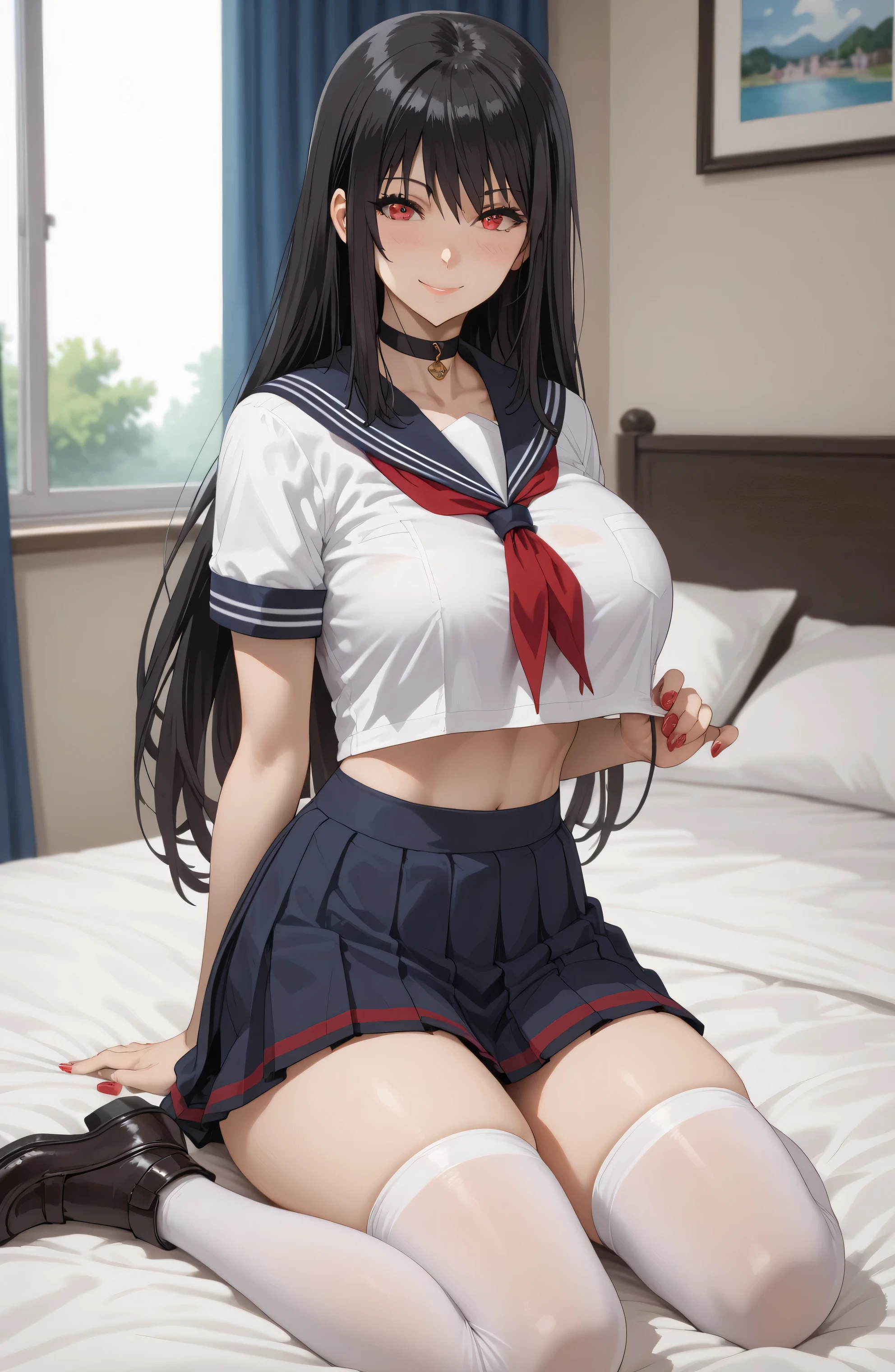 Source anime, Tall girl, Fit girl,score_9, score_8_up, score_7_up, score_6_up, uncensored, claire kagenou, long hair, black hair, red eyes, huge breast,thighs,  1girl, solo, choker, 1girl, solo, skirt, thighhighs, bed room backgrounds, school_uniform, long_hair, simple_background, serafuku, pleated_skirt, skirt_lift, sailor_collar, crop_top, clothes_lift, shirt, midriff, kneeling, black_skirt, nail_polish, white_shirt, fingernails, breasts, short_sleeves, neckerchief, sitting, smile, blush, embrassed 