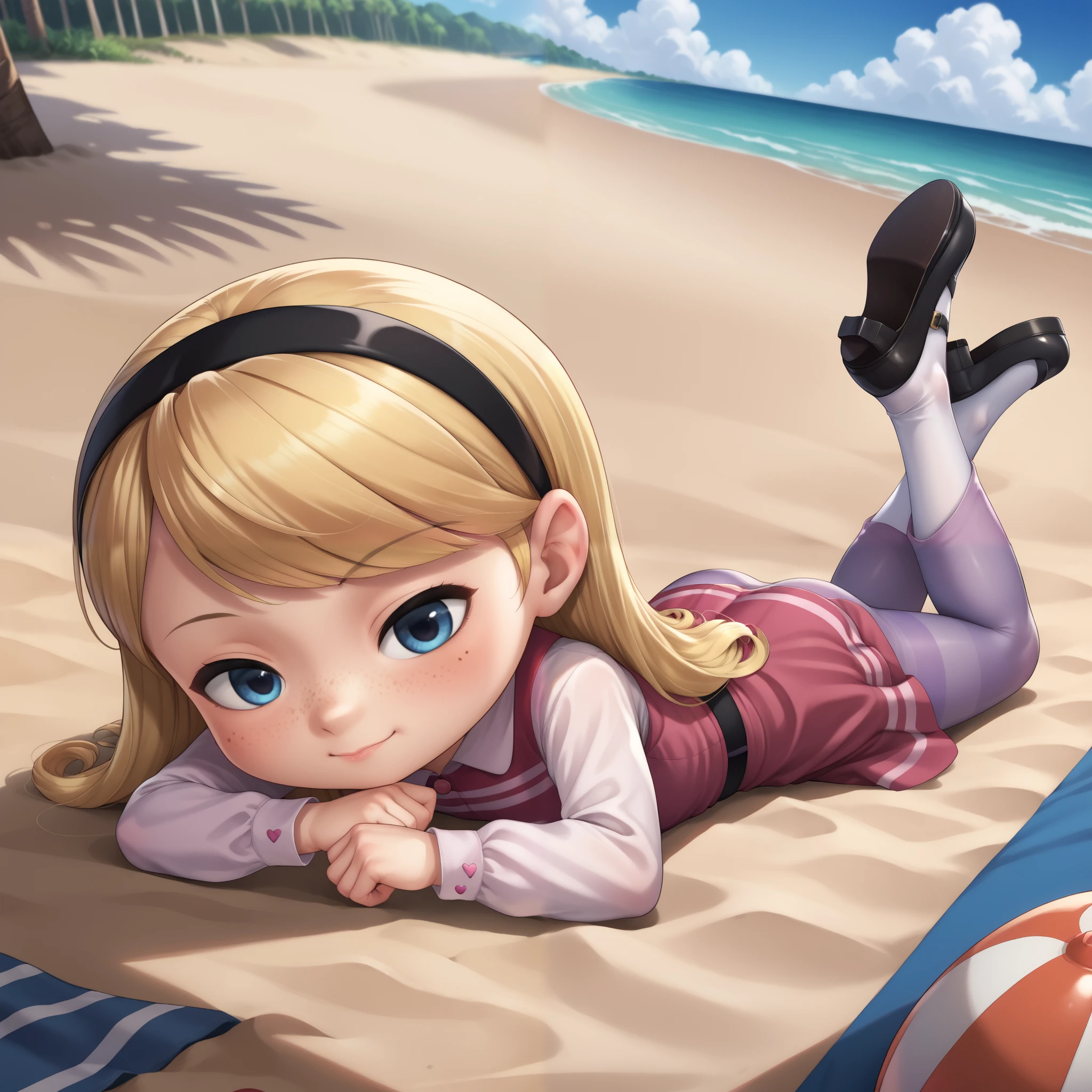 score_9, score_8_up, score_7_up, source_anime, 1girl, full body, solo, penny peterson, long hair, blue eyes, freckles, blonde hair, skirt, hairband, black hairband, white socks, dress, pink dress, purple pantyhose, long sleeves, mary janes, black mary janes, straight-on, lying, on stomach, eyes closed, closed mouth, showing her butt, Cute butt, on sand, ryona, on ground, eyes closed, on a beach, ((beach)), chibi, BREAK, BREAK lora:add-detail-xl:1>, zPDXLxxx, zPDXL2