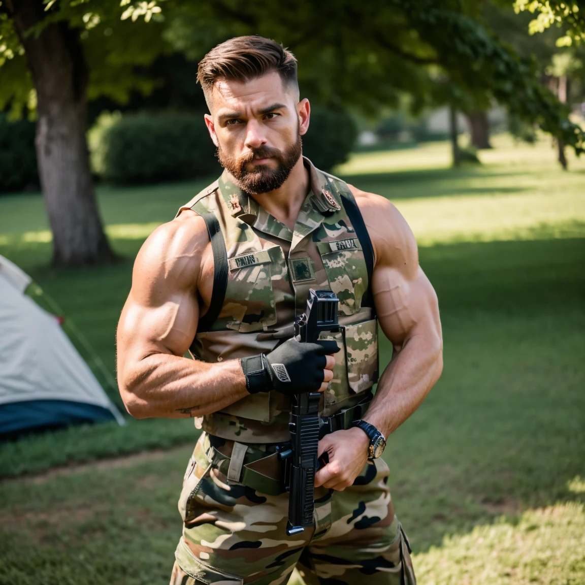 a shirtless 21-year old handsome caucasian male in messy haircut, sagging camouflage pants, camouflage boots, cute, handsome face, six-pack abs, beautiful body, well-defined body, sweating profusely, dripping with sweat, drenched with sweat, shirtless, running with other soldiers in the military camp