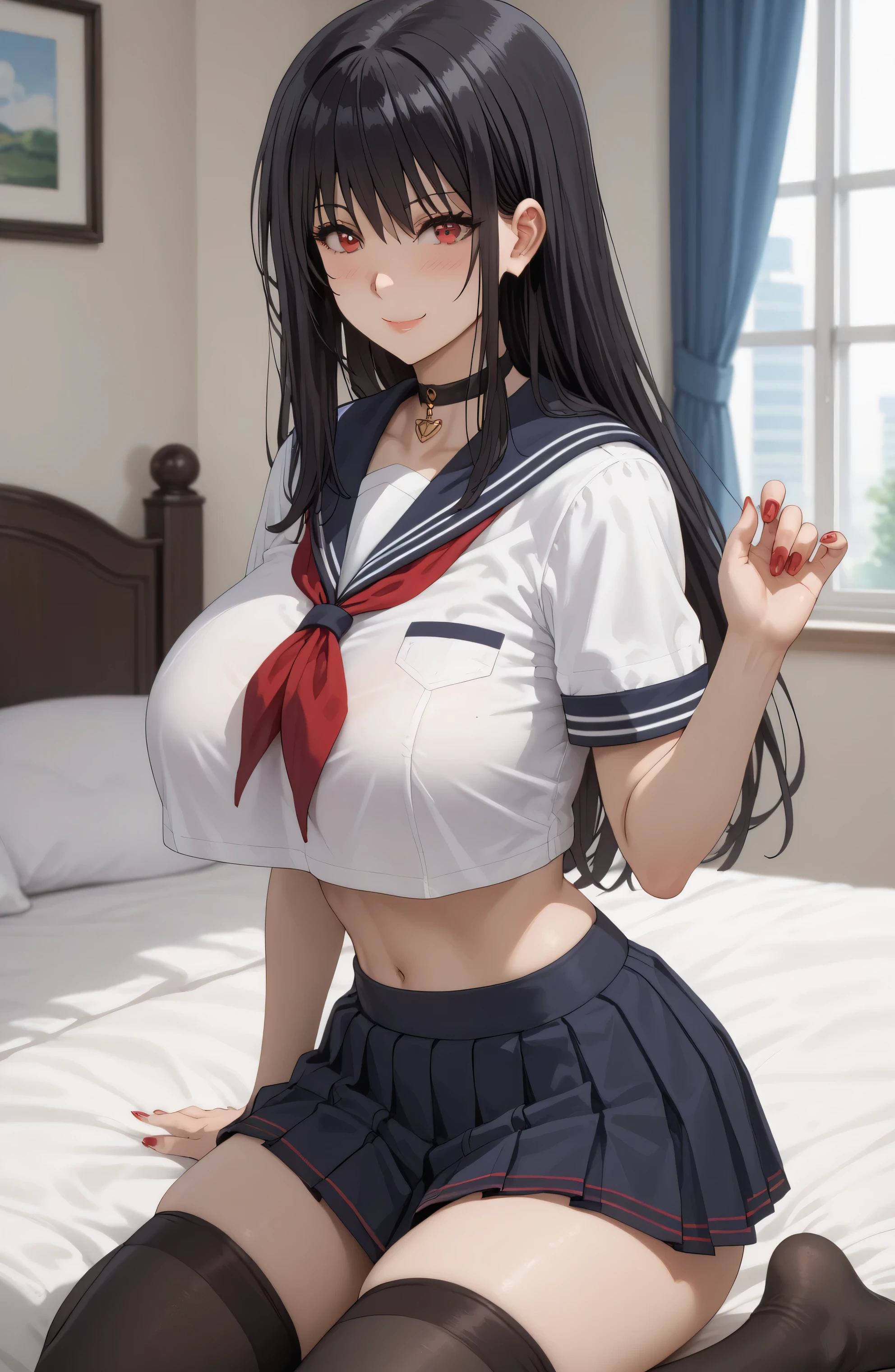 Source anime, Tall girl, Fit girl,score_9, score_8_up, score_7_up, score_6_up, uncensored, claire kagenou, long hair, black hair, red eyes, huge breast,thighs,  1girl, solo, choker, 1girl, solo, skirt, thighhighs, bed room backgrounds, school_uniform, long_hair, simple_background, serafuku, pleated_skirt, skirt_lift, sailor_collar, crop_top, clothes_lift, shirt, midriff, kneeling, black_skirt, nail_polish, white_shirt, fingernails, breasts, short_sleeves, neckerchief, sitting, smile, blush, embrassed, Hands are tidying hair, hands are raised