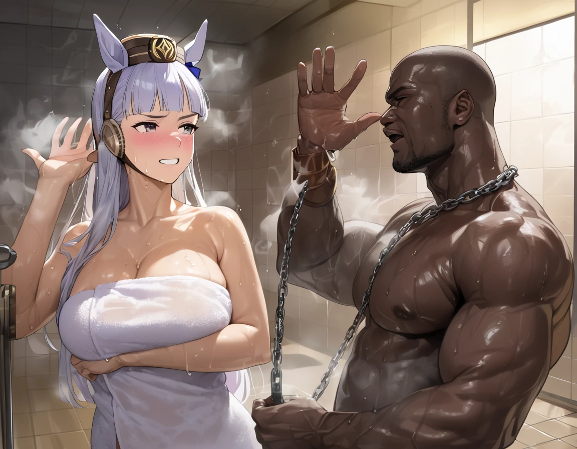 perfect human body、1 boy,1 girl、couple、hetero、 software, ((realistic)), shower(place)bathroom,(((Stand next to the girl、Black-skinned macho man putting his hand on girl's shoulder))),((woman waving)), ((Sweat,vapor,))), big breasts、((expression of fear)), (blushing face), Big muscular black man standing next to a girl、faceless man、vulgar laughing man,(((covered penis))),handjob,break(character:goldship(umamusume)),(((naked towel,see through))),embarrassed blush,troubled eyebrows,frown collar,forced smile,restrained,((((chain leash))))(((dog collar)))sweat,steam,((spoken_heart))