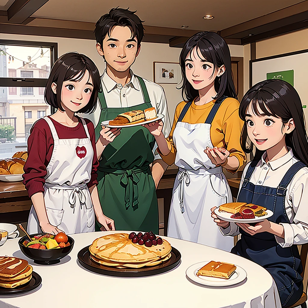 illustration of a family sitting around a table, enjoying a breakfast featuring beetroot-based products from Naturbet. The table is filled with colorful pancakes, yogurt, and cake. The vendor, wearing a white apron with the logo 'Naturbet,' is smiling and standing nearby, as if presenting the scene. The family looks happy and engaged. The background is entirely white, emphasizing the characters and food on the table."