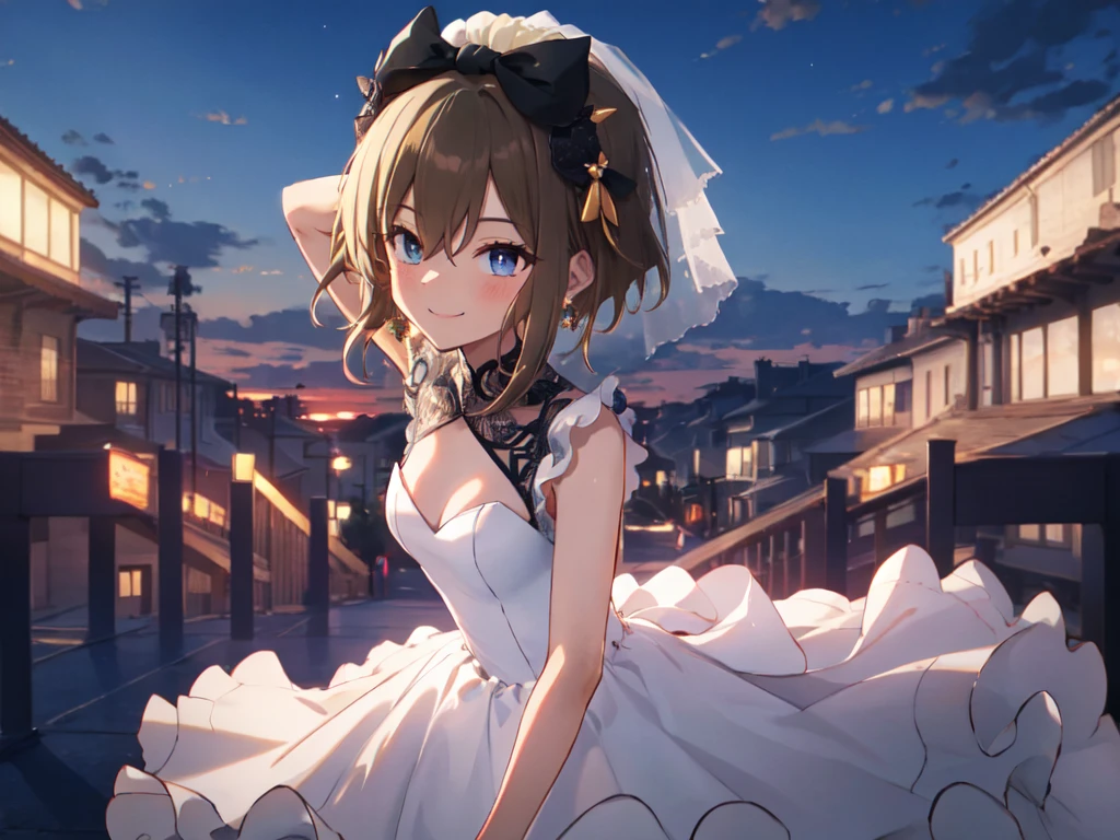 Key Visual, Solo, Single Female, (Human Ear, Earring), (Arms Behind Head), (Anime Face, Smiling), (Hair Accessory), ((Pitch Black Outfit, Pitch Black See-Through Wedding Dress)), (Sunset Sky, Sunset), Evening Sky), (Focus on Chest, Oblique Upward Angle), (High Resolution, Masterpiece, Accurate, Anatomically Correct, Multiple Award Winning, Top Quality, Detailed, High Quality Model, High Quality, Retina, Highly Detailed), Textured Skin, Ultra High Resolution)