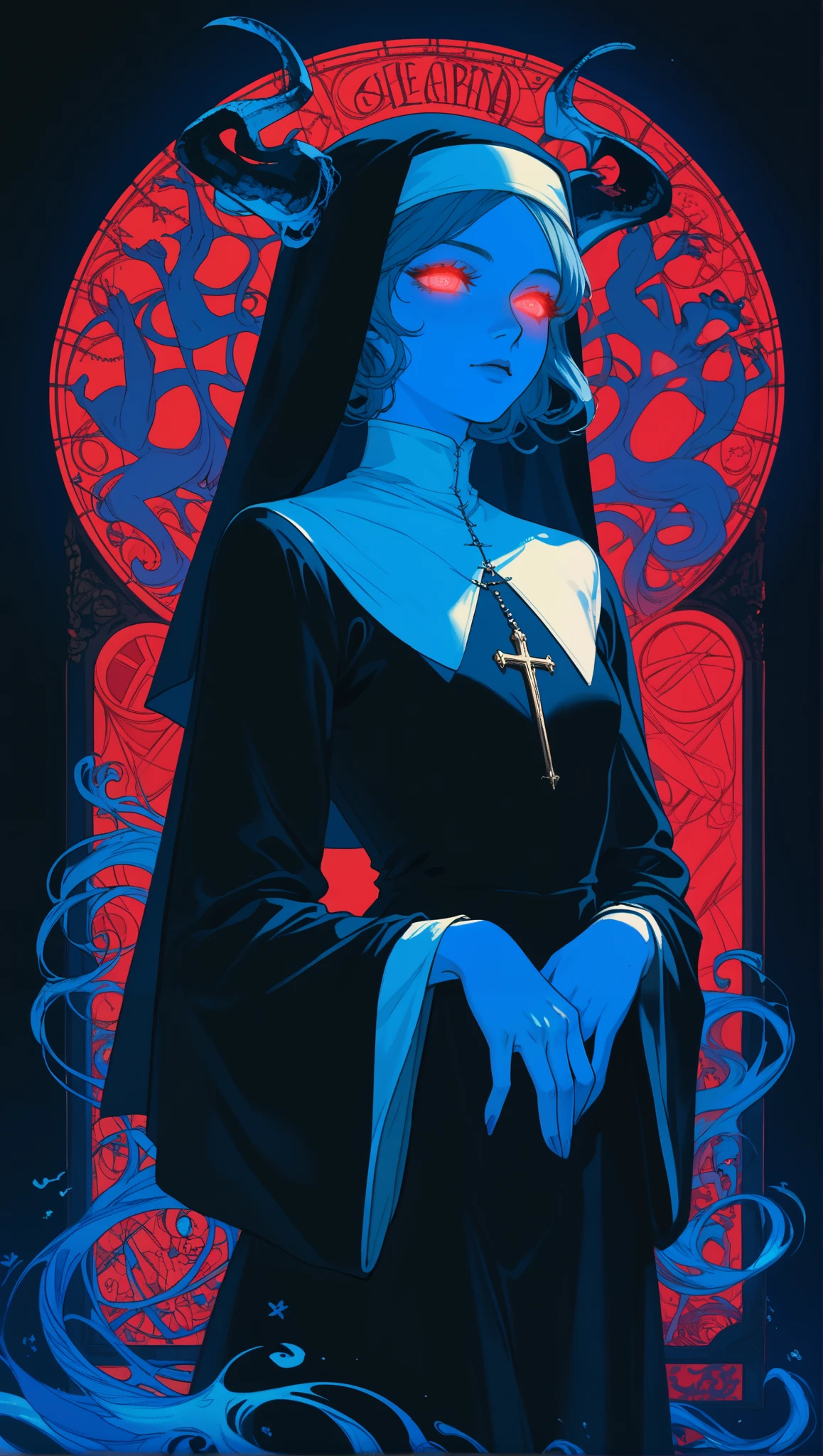 (limited palette:neon blue and violet ),sexy nun, black woman, bare chested, devil horns \(large\), highly detailed, dmt, witch, geodes, glowing eyes, light flowing in and out of her body, flowing glowing water, metal, frog, art nouveau