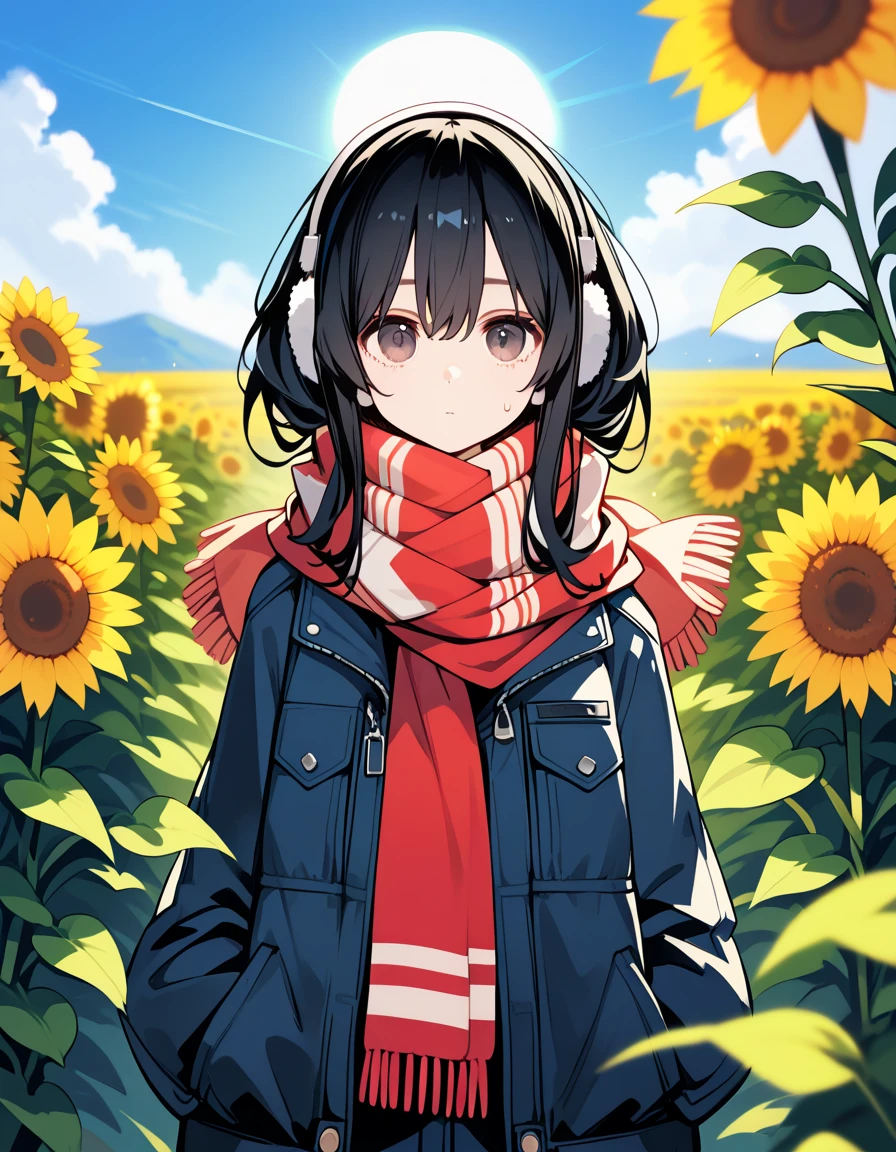 score_9,score_8_up,score_7_up, ,, 1woman,solo,sweatdrop, ((((down jacket,scarf,muffler)))),summer,field,sun,dappled sunlight,sunflower,noon,earmuffs,black hair,expressionless, black hair,long hair,expressionless, blurry foreground, sleeves past fingers, red clothes