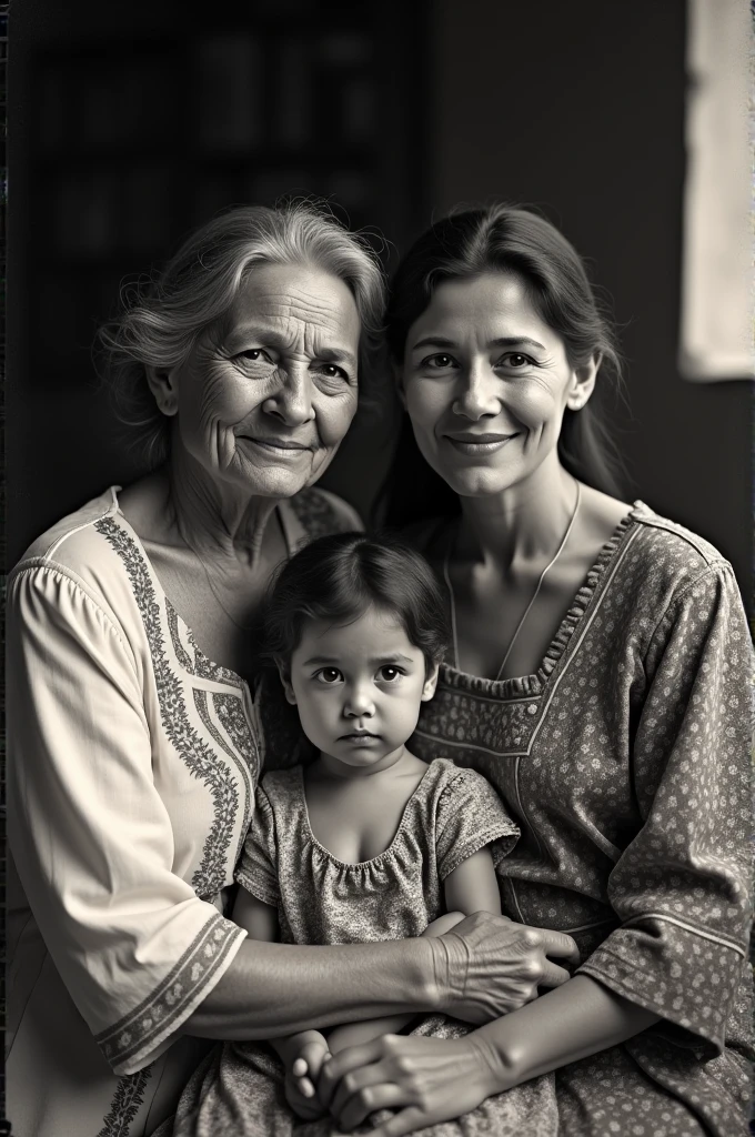 Take a picture of an old woman with black hair and glasses, with her 2 fair-skinned teenage granddaughters, long dark hair