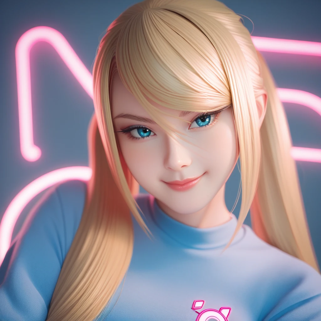 score_9_up, score_8_up, score_7_up, score_6_up, 1girl, adult woman samus aran, smiling with sexy look, long hair with twintails, looking at viewer, blue eyes, pastel neon lighting, source_anime, pastel colors