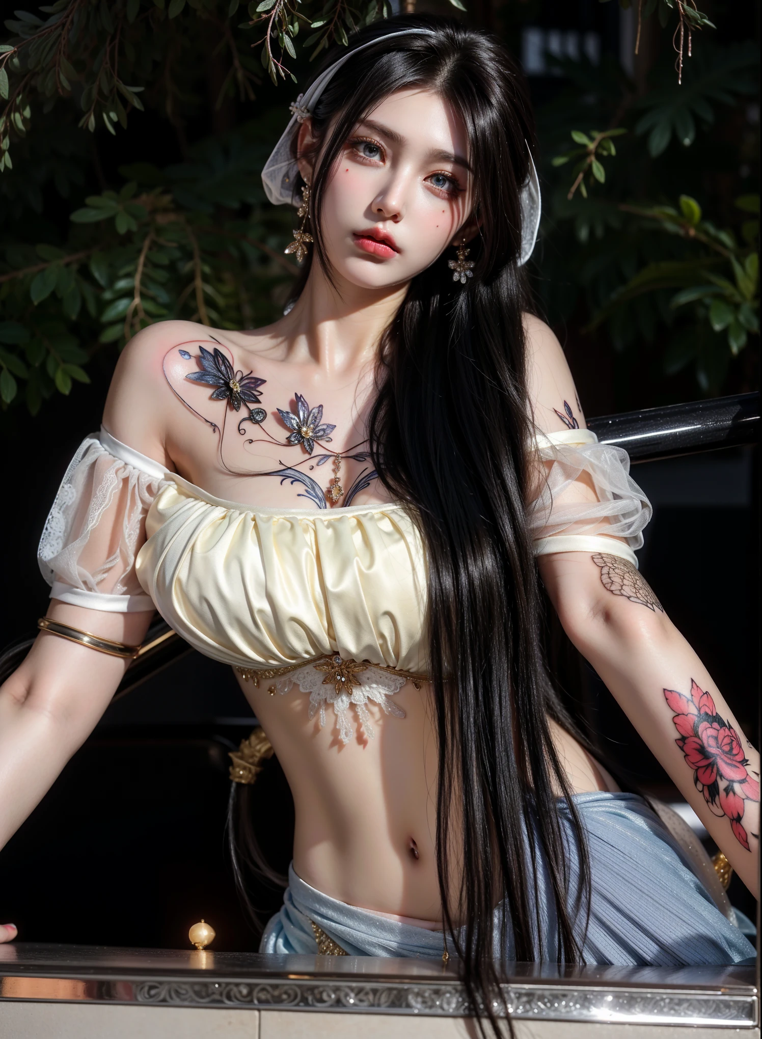 I want one with bangs, long hair, red eyes, earrings and a moon ring, and tattoos of a goddess
