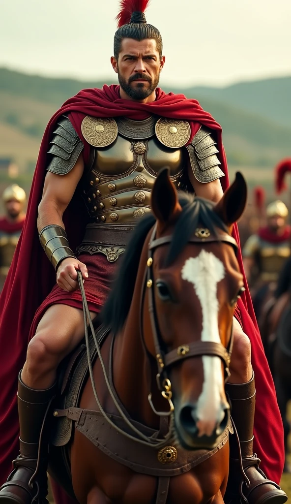 A close-up of a roman general riding a horse and moving away form his farm with soldiers behind him