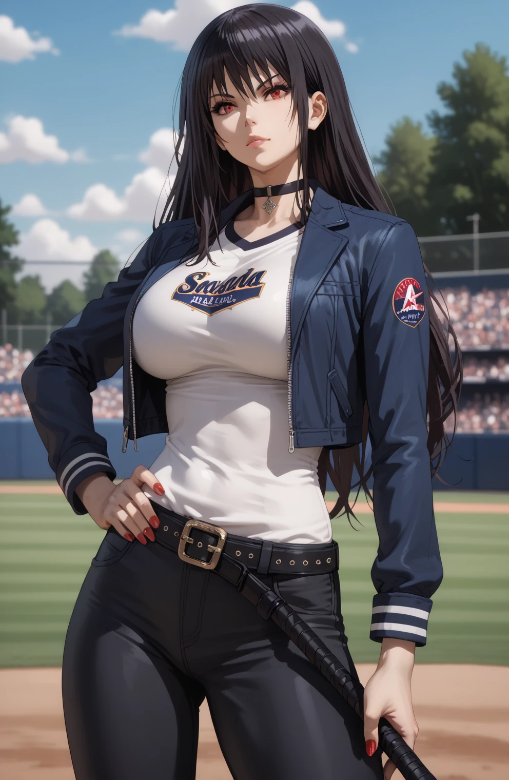 Source anime, Tall girl, Fit girl,score_9, score_8_up, score_7_up, score_6_up, uncensored, claire kagenou, long hair, black hair, red eyes, huge breast,thighs,  1girl, solo, choker, 1girl, baseball_bat, solo, jacket, nail_bat, pants, hand_on_hip, black_jacket, nail, long_hair, shirt, looking_at_viewer, belt, black_pants, white_shirt, realistic, open_clothes, holding, holding_baseball_bat, open_jacket, weapon, black_hair, standing, long_sleeves, bosozoku outfit 