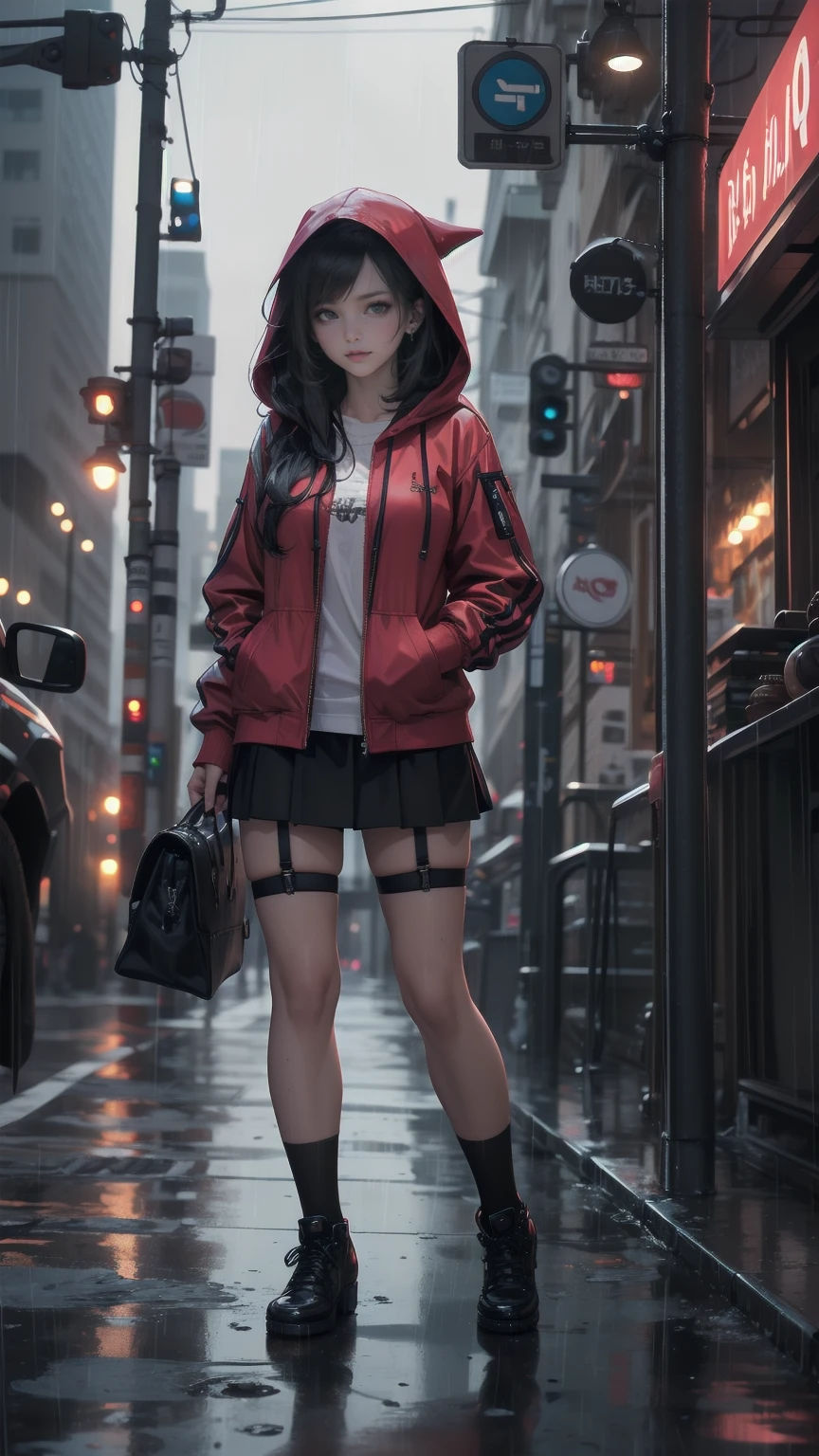 8k，masterpiece， top quality and best ， hyperdetailing with large meshes，Realistically，Realistically，  Highly Detailed Face ， movie lights， movie lights， ray tracing ，Hair without lighting ， Cloudy city，Corner store ，bus stop， torrential rain and heavy rain ， girl with long black hair and black eyes .。 she's wearing a red hooded jacket，white blouse ， black short skirt and black garter belt ，Rain-soaked clothes， black exposure ， depth of field tent  ）， Cinema Lens Lighting 
