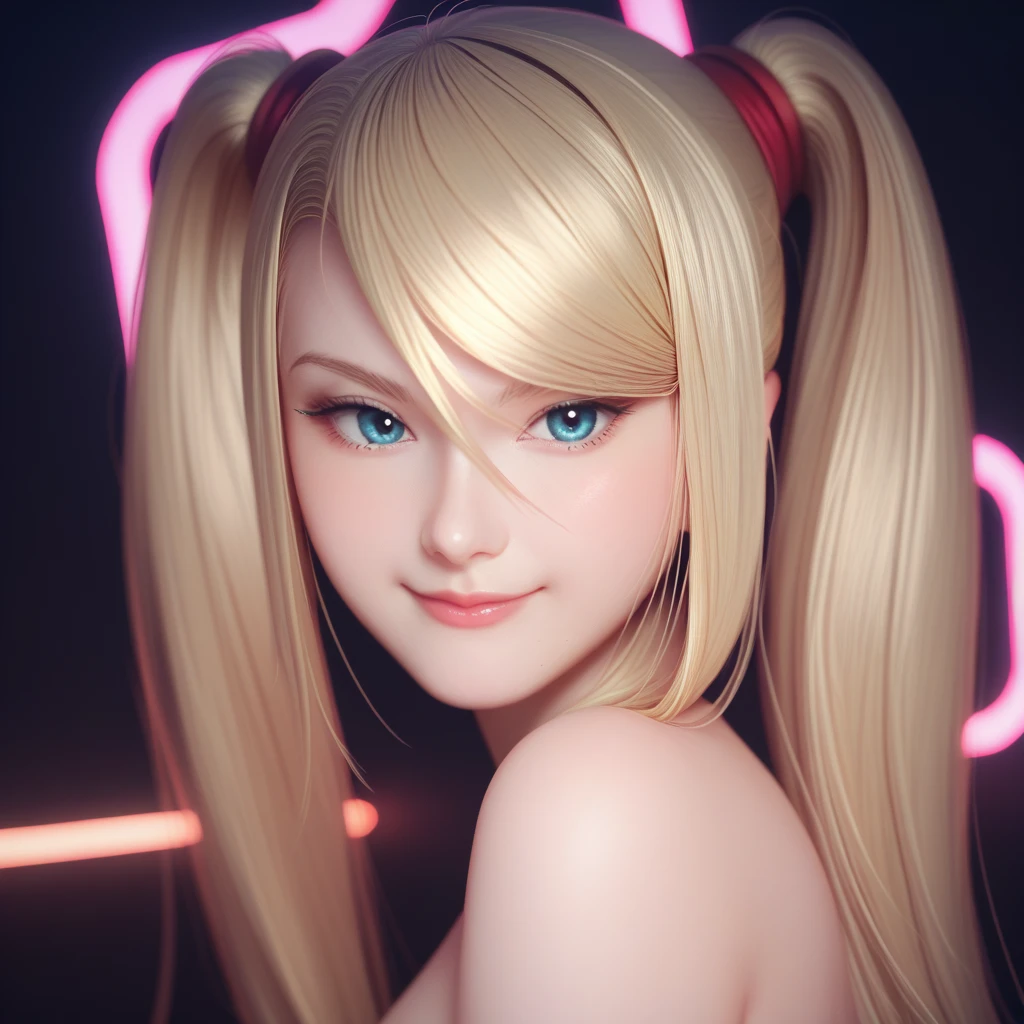 score_9_up, score_8_up, score_7_up, score_6_up, 1girl, adult woman samus aran, smiling with sexy look, long hair with twintails, small breast, naked shoulders, looking at viewer, blue eyes, pastel neon lighting, source_anime, pastel colors