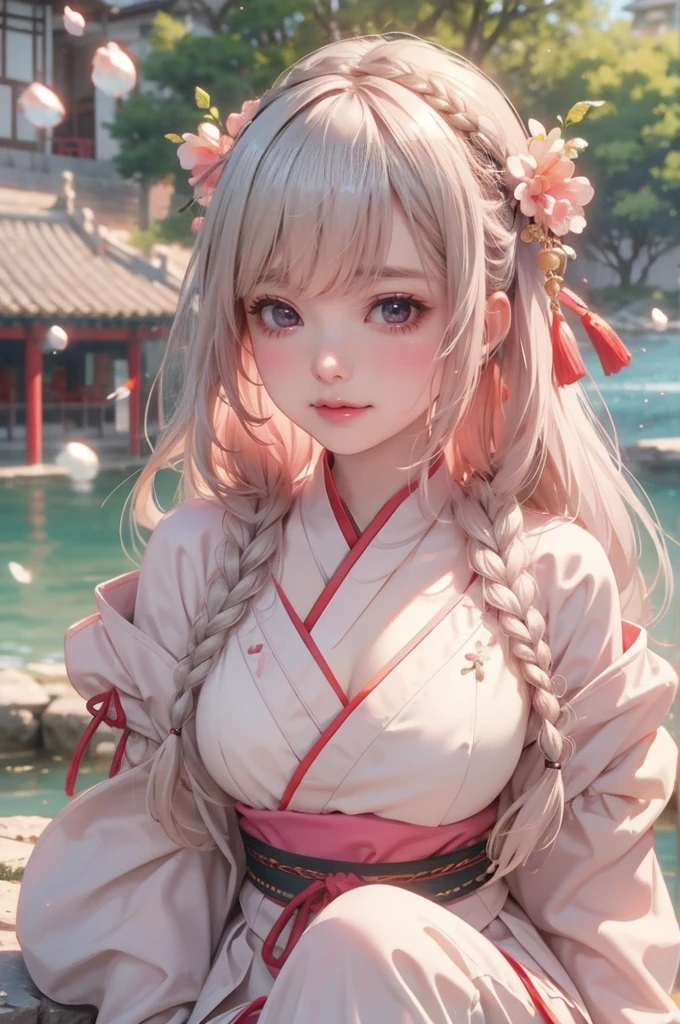 ((Best Quality)), ((Masterpiece)), (Detail: 1.4), 3D, Beautiful Cyberpunk Female Image, HDR (High Dynamic Range), Ray Tracing, NVIDIA RTX, Super Resolution, Unreal 5, Subsurface Scattering, PBR Texture, Post-Processing, Anisotropic Filtering, Depth of Field, Maximum Sharpness and Sharpness, Multi-layer Texture, Albedo and Highlight Mapping, Surface Coloring, Mitsu-Accurate Simulation of Material Interactions, Perfect Proportions, Octane Rendering, Two-color Light, Large Aperture, Low ISO, white balance, regular three-point, 8K RAW, beautiful bright pupils, flowing robe, fine pupils, delicate face and eyes, long eyelashes, blush, fluffy hair, pink lips, pure, cute, cherry blossom petals falling, butterflies, light and gauzy pink kimono