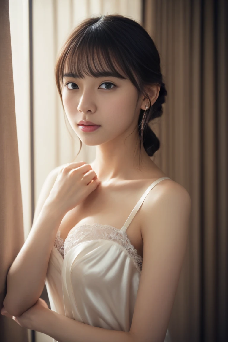 master piece，highest quality，official art，Highly detailed CG Unity 8K wallpaper，Japan Female Students，18 year old girl，very delicate and beautiful，超A high resolution，（Realistic：1.4），golden hour lighting，(platinum short hair：1.5），（puffy eyes），tear bag、looking at the viewer，facing the front，smile，(A sexy dress with plenty of black lace:1.3)，beautiful woman、Beautiful and sexy body shape、（european castle:1.5）， Close-up， master piece， best quality， RAW photography， Realistic， (Japanese idol-like cute face:1.2)， incredibly absurd solution， Buatigal， Depth of the bounds written， High resolution， super detailed， small details， very detailed， highly detailed eyes and face， sharp pupils， Realisticな生徒， fix a sharp focus， cinematic lighting、((pout))、sexy pose、gravure pose、From above、off shoulder、((Pinch the hem with your hands and pull it up:1.3))、wrinkles between the eyebrows、Photograph from the knee up、garter belt