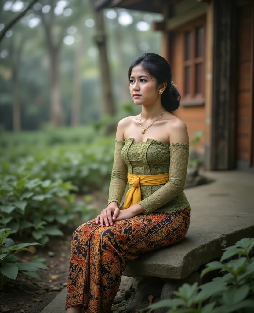 A young Javanese princess, around 25 years old, with sweet features and traditional beauty, wearing a simple raw fabric strapless kemben in green, adorned with subtle golden ornaments. She has a waistcloth with a yellow selendang and a batik jarik wrapping around her slim legs. The princess is sitting on a small, old wooden hut located in the middle of a dense forest. The forest is filled with thick shrubs covering the ground and paths, and the scene is misty with dramatic lighting that highlights her emotional expression as she cries. The background portrays a calm yet somber atmosphere with intricate batik patterns and wooden textures. The mood is quiet yet sorrowful, emphasizing the raw emotion of the young woman. Realistic photo, looking side, serious expressions, diagonal angle, dynamic composition