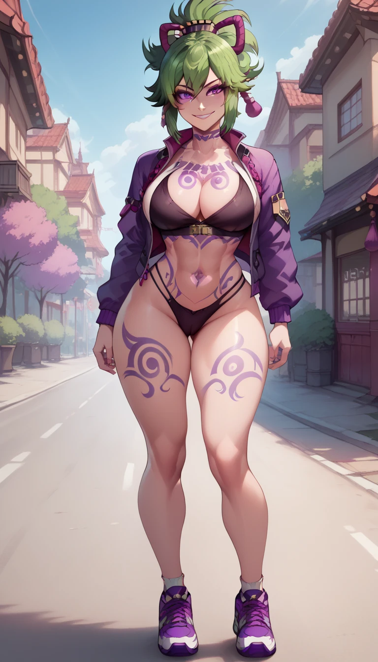 ultra-detailed, 1girl, solo, kuki shinobu, (masterpiece)), (best quality), (highres), 16K, purple eyes, hair ornament, green hair, ponytail, purple jacket, wearing black panties, sports shoes, busty body, body markings, large breasts and a beautiful ass, showcasing cleavage, legs, hips, looking at viewer, smile, detailed face, detailed hair, detailed full body, street background