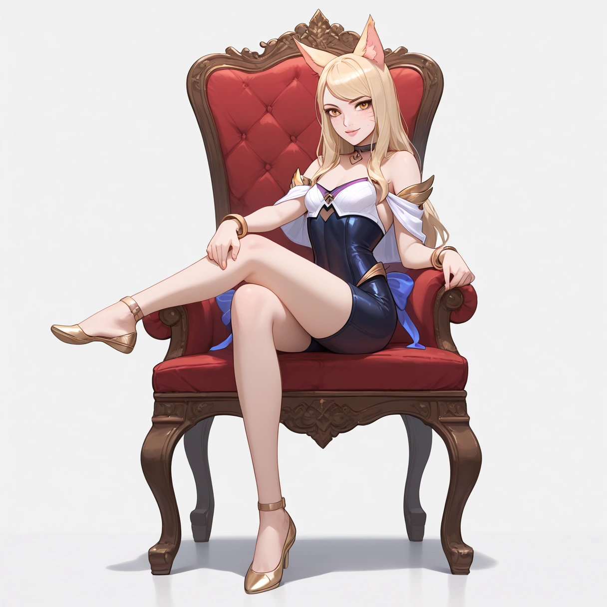 ((full body photo, standing, feet on the ground)) KDA Ahri LoL PD, masterpiece, best quality, (sitting on throne, legs crossed, showing feet, profile photo), highly detailed, score_9, score_8_up, score_7_up, score_6_up, anime font ,BREAK, 2girl, solo, long hair, blue eyes, flower, small breasts, bow, looking at viewer, freckles, parted lips, smile, full body, lips red, lips, leather ballet shoes, side photo, she looks at you, fishnets, white background, neutral cast
