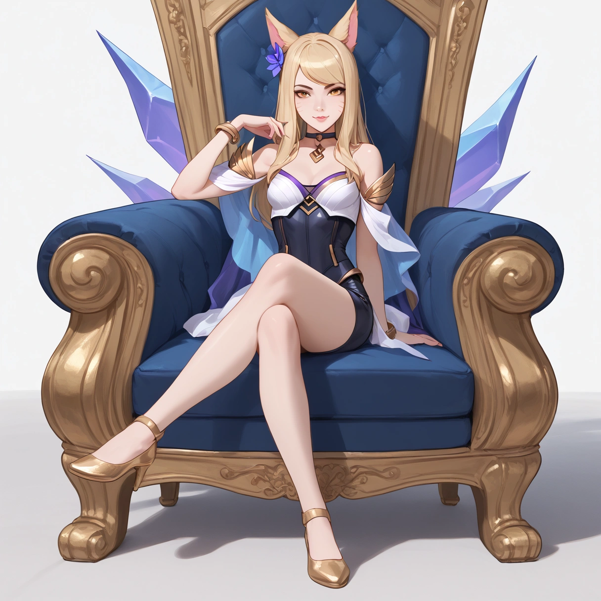 ((full body photo, standing, feet on the ground)) KDA Ahri LoL PD, masterpiece, best quality, (sitting on throne, legs crossed, showing feet, profile photo), highly detailed, score_9, score_8_up, score_7_up, score_6_up, anime font ,BREAK, 2girl, solo, long hair, blue eyes, flower, small breasts, bow, looking at viewer, freckles, parted lips, smile, full body, lips red, lips, leather ballet shoes, side photo, she looks at you, fishnets, white background, neutral cast
