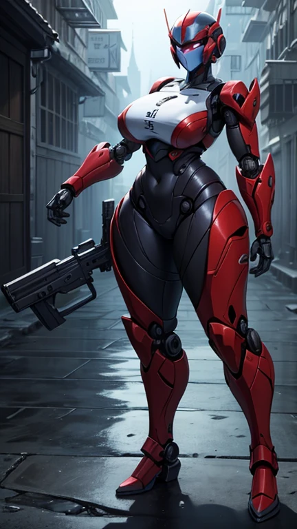 full body, RED breastplate, RED skin, looking at viewer, shiny,armor, thighhighs, high boots,shoulder armor, faulds, poleyn, gloves, gauntlets, Rerebrace armored boots, pauldrons,(masterpiece, best quality, ultra-detailed, best shadow) yordle (1girl)( RED skin:1.2) pointy ears muscular lean platinum blonde long twin-tails hairstyle at the office lustful smirking smile face red blushed, blush, strong abs, female body builder, tiara, twin drills hair