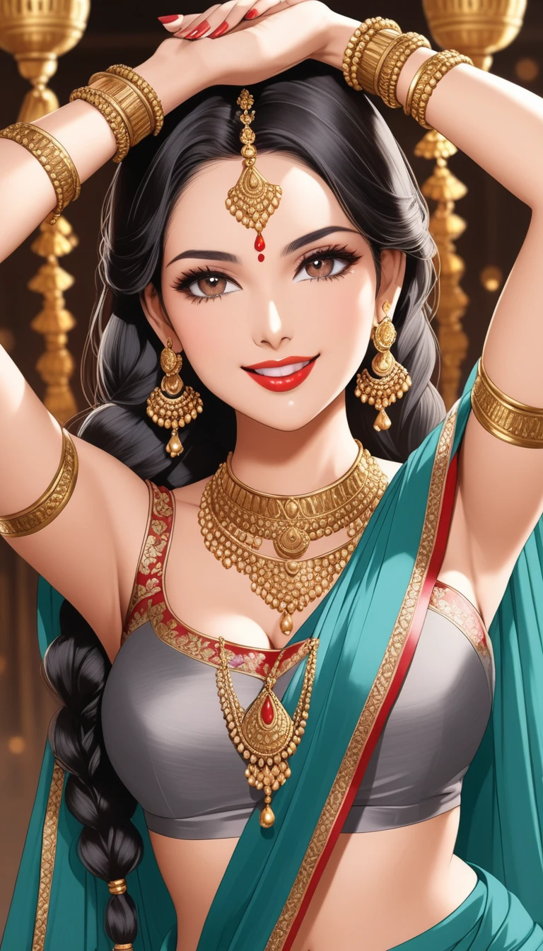 Indian beautiful desi girl in saree, completely covered, (masterpiece:1.3), (8 K, photorealistic, Best quality: 1.4), detailed, symmetrical face, beautiful eyes, anime style, insta-shot, smiling, hot erotica