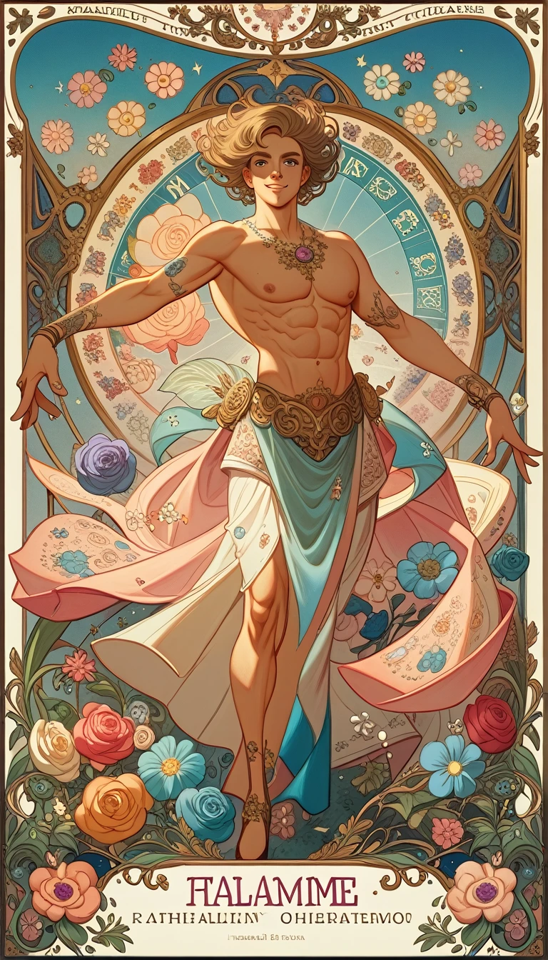 a muscular, 1 man, solo, (oil painting:1.5), (NSFW:1.2), a man joyfully twirling in the raining paint, 1boy, short hair, floral, Lycianthus ,In light pink and light blue styles..., Dreamy and romantic composition..., dripping flowers on his face, in the style of collage-based, made of insects, william wegman, colorism, white background, pencil art illustrations, national geographic photo, luxurious, extravagant, stylish, , opulent, elegance, stunning beauty, professional, high contrast, detailed, Depict a dreamy, whimsical scene with elements that seem to merge with the background, full body shot