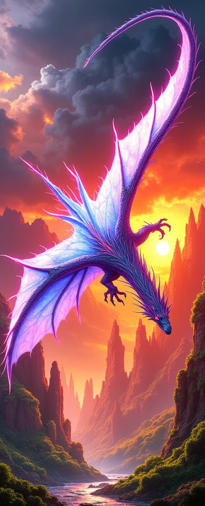 A white dragon lies in the middle of an endless field full of violet flowers., surrounded by snow-capped mountains and a blue sky shining with golden rays of sunset. The whole scene is filled with a dreamlike atmosphere.,
