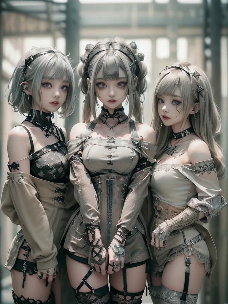 1girl, solo, long hair, yellow eyes, looking at viewer, smile, white background, arm up, open mouth, grey hair, very long hair, cowboy shot, black business suit, black pants, red tie, white hair,(shiny skin),(mature female:1.2),blanc \(nikke\), (2heads:1.4)