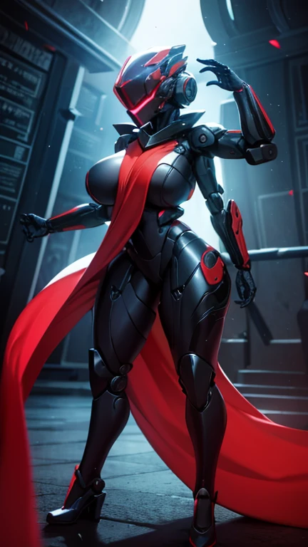 best quality, super fine, 16k, incredibly absurdres, extremely detailed, 2.5D, delicate and dynamic depiction, beautiful woman with a large stitched scar on her face, Narrow face, straight blonde hair, sharp slit eyes, red and black seamless shiny combat full body suit, long cape, rapier, background analyzer lab room inside the spacecraft