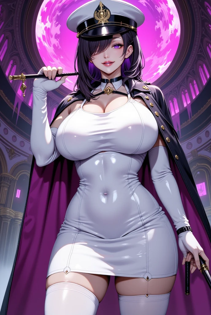   latex bodysuit for beautiful mature women  ,(  best quality,  very detailed depiction ,  incredibly bizarre high definition  ,  Beastly Sharp Teeth  ,Curvy Legs,Detailed Students, Ceramic Skin ,High quality anime drawings:2.0),(Female executive of an evil organization:2.3),(white latex military uniform  :1.5,  shiny white bondage dress with intricate structure:2.0,  tight miniskirt pointing to the viewer, Military hat, Military cloak,Costume Mask,  leather knee-high boots ,  Long Grove  ,Leather Choker,White tights),  eyeshadow ,(Glowing purple eyes,Crazy Eyes:2.0, half closed :2.0,  Big Breasts , wicked smile:2.3,Shiny purple lips,Shadowy Face, enchanting gesture ,  have a whip in their hands:2.0),whole body,  Open mouth , from below:2.0