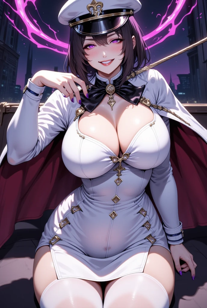   latex bodysuit for beautiful mature women  ,(  best quality,  very detailed depiction ,  incredibly bizarre high definition  ,  Beastly Sharp Teeth  ,Curvy Legs,Detailed Students, Ceramic Skin ,High quality anime drawings:2.0),(Female executive of an evil organization:2.3),(white latex military uniform  :1.5,  shiny white bondage dress with intricate structure:2.0,  tight miniskirt pointing to the viewer, Military hat, Military cloak,Costume Mask,  leather knee-high boots ,  Long Grove  ,Leather Choker,White tights),  eyeshadow ,(Glowing purple eyes,Crazy Eyes:2.0, half closed :2.0,  Big Breasts , wicked smile:2.3,Shiny purple lips,Shadowy Face, enchanting gesture ,  have a whip in their hands:2.0),whole body,  Open mouth , from below:2.0