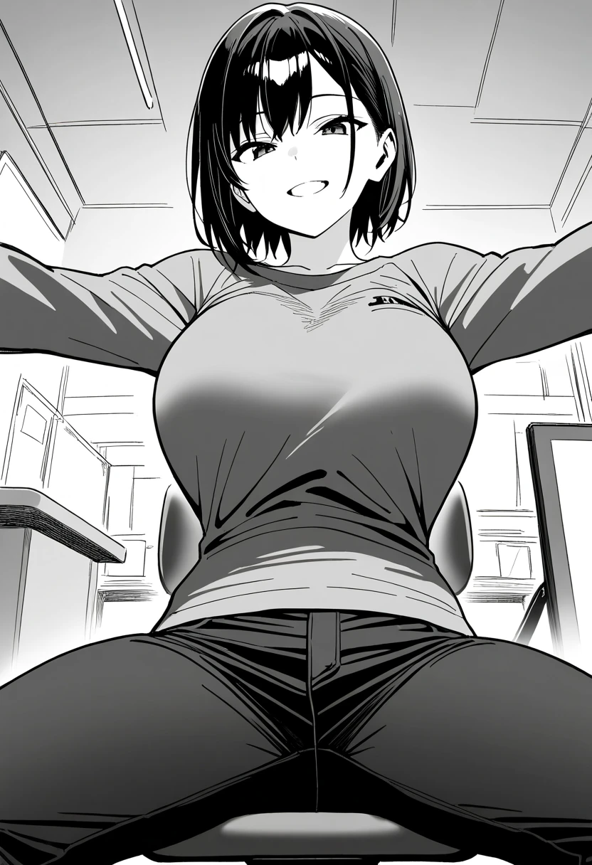 score_9,score_8_up,score_7_up,rating_safety,source_manga,masterpiece,best quality,hyper detailed,super fine illustration,8k,front angle,monochrome,BREAK 1girl,30yo,black hair,short hair,smile,middle breast,grey room wear,pants,BREAK spread arms,sitting on chair,BREAK work room,detailed background,